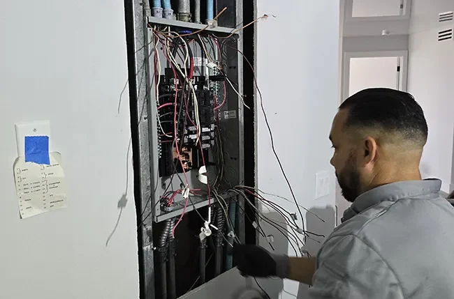 Electrician working on the wiring inside an electrical panel