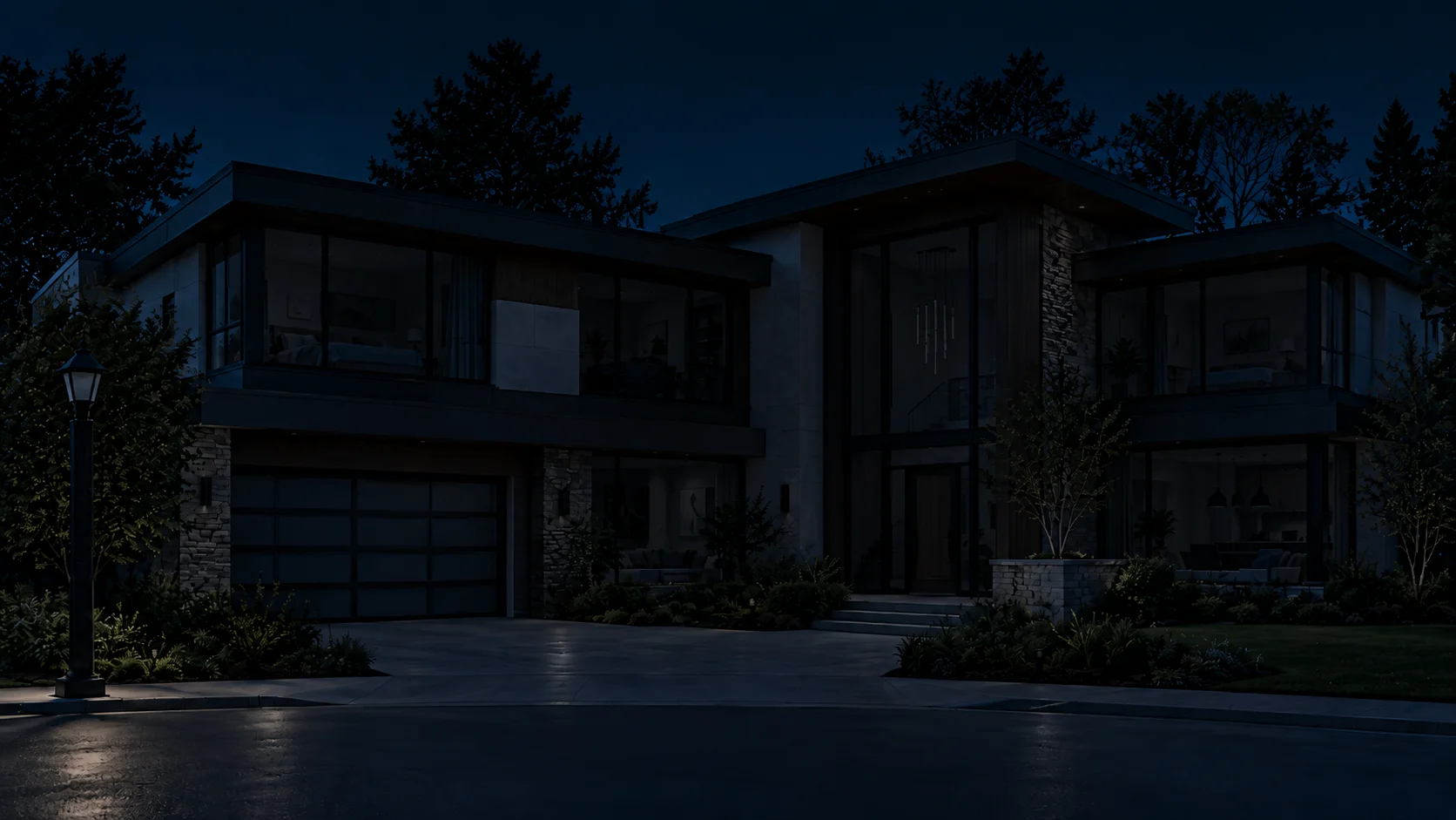 Modern house at night with its lights turned off